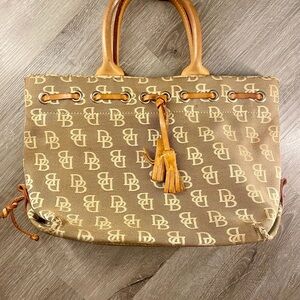 Vintage Dooney & Bourke DB Monogram Tote Bag Brown Leather Trim Tassel Handbag